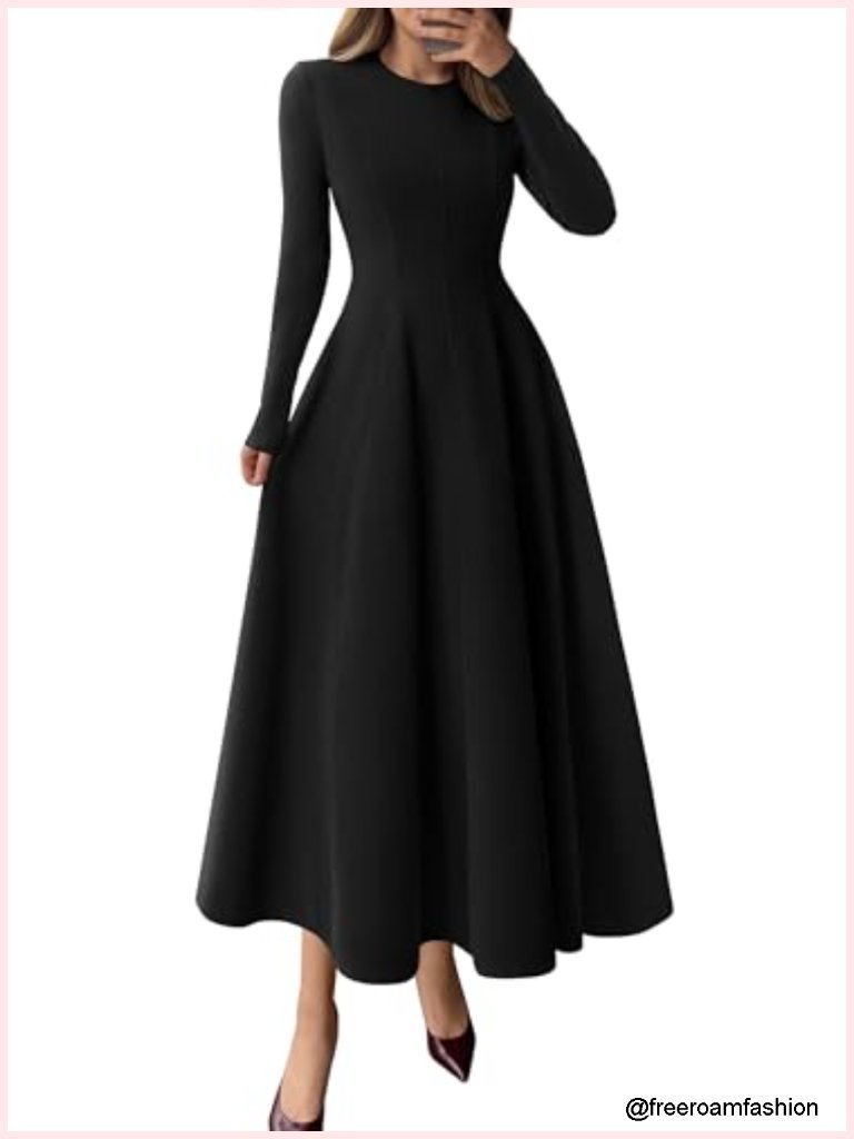 Long Sleeve A Line Midi Cocktail Dress Fit And Flare Crew Neck Swing Hem